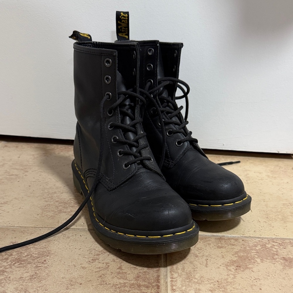 1460 Dr. Martens Women’s Size 9  Black Leather Boots with Yellow Stitching